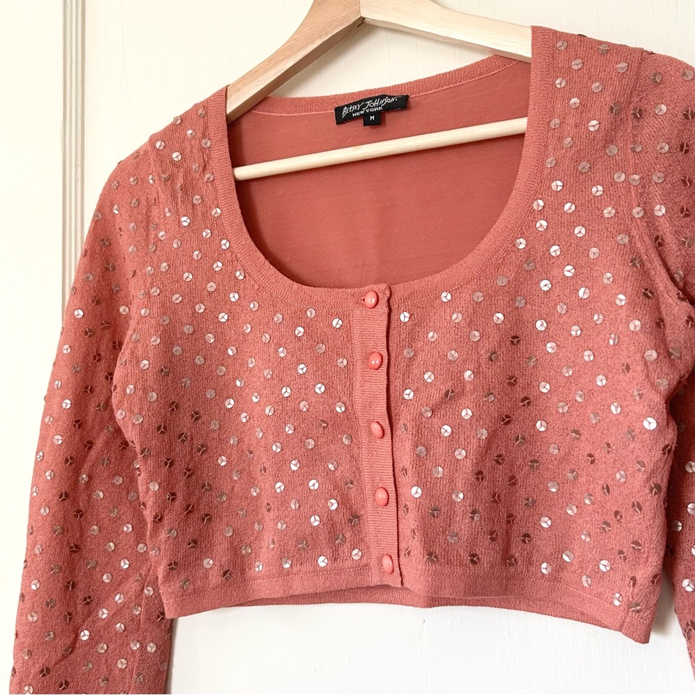 Vintage Betsey Johnson Crop Sequin Cardigan Top Rosy Pink M 90s Black Label - Picture 2 of 7